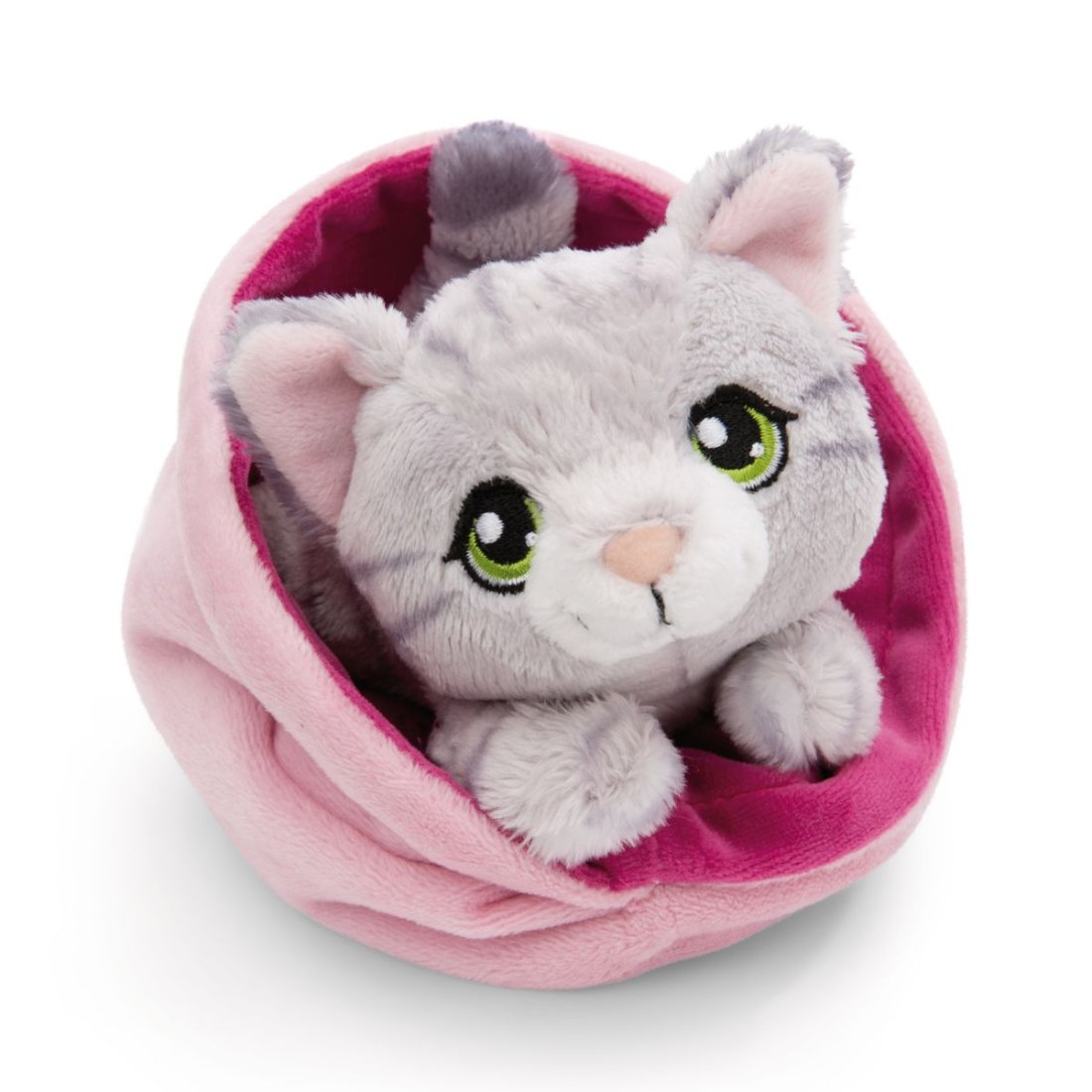 NICI Little Paws Katze grau im lila Körbchen | Kuscheltier.Boutique